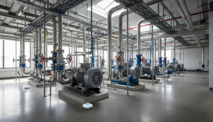 Wide-angle view of a mechanical plant room with pipes, pumps, and water sensors near the floor.