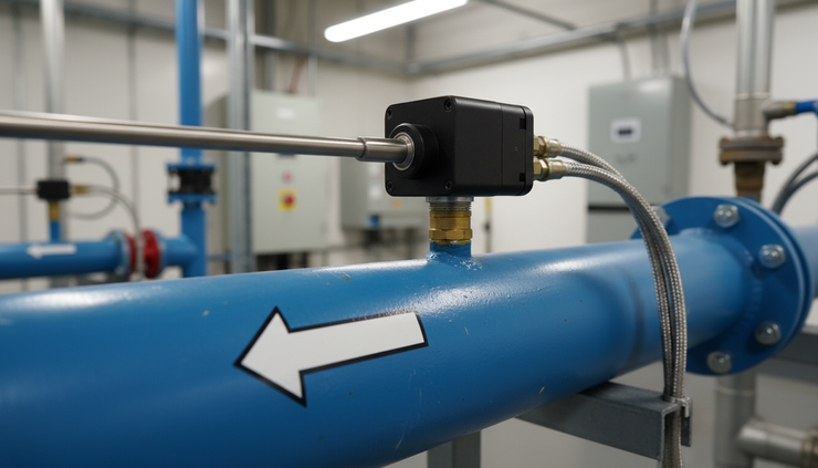Close-up view of an insertion flow probe mounted on a compressed air pipe