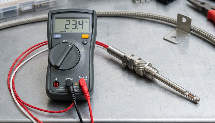 Close-up view of a stainless steel PT100 probe on a workbench with exposed sensor leads.