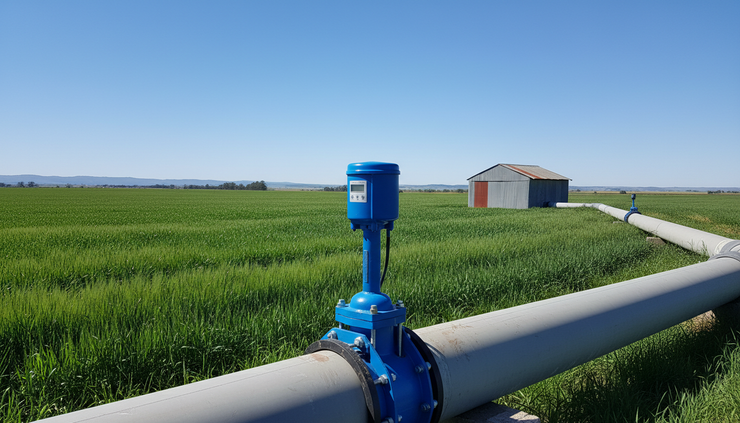 Eye-level view of a flow meter on an irrigation pipeline beside a crop field in Australia