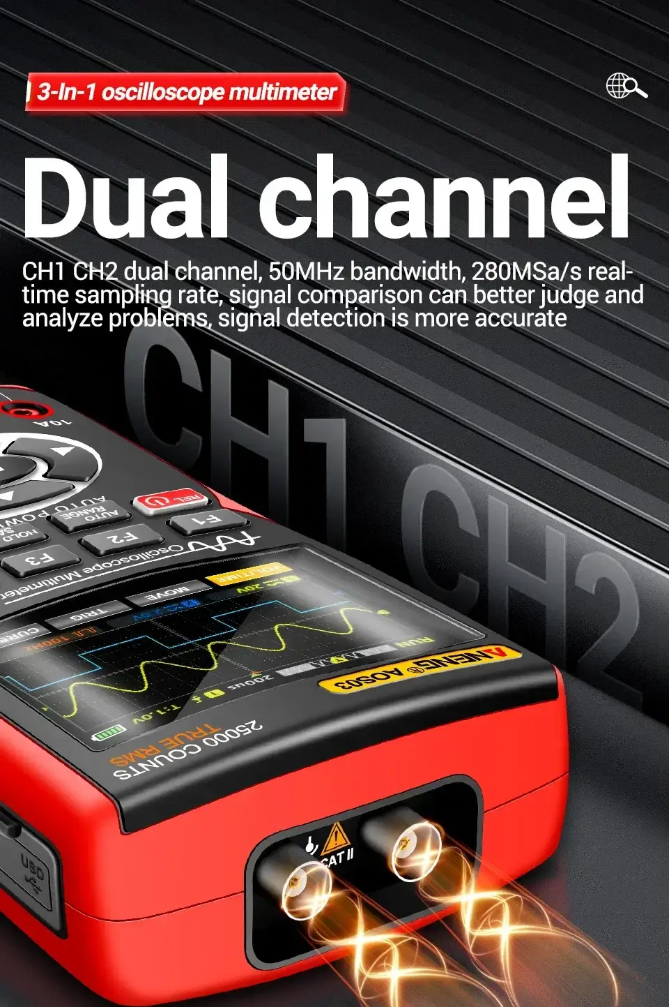 Thumbnail: 3-in-1 Portable Digital Oscilloscope, Multimeter & Signal Generator(Dual)