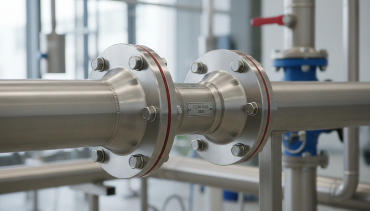 Close-up view of a reduced pipe section with a smaller inline flow meter between two tapered reducers