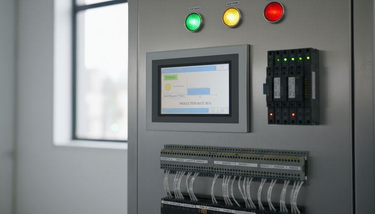 Close-up view of a touchscreen HMI showing machine status beside wired control modules.