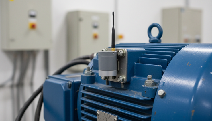 Close-up view of a wireless vibration sensor mounted on an electric motor casing