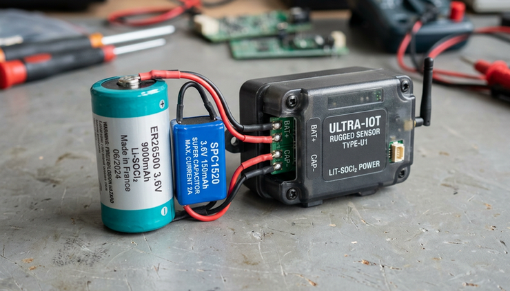 Close-up view of an ER26500 battery pack connected to a compact outdoor IoT sensor