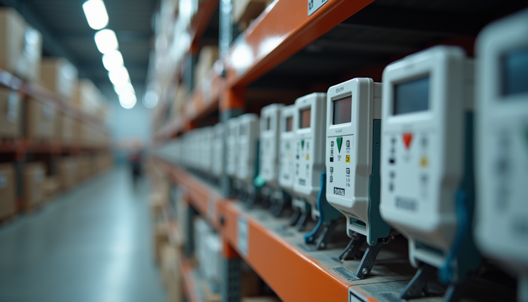 Eye-level view of single-use data loggers arranged on a warehouse shelf