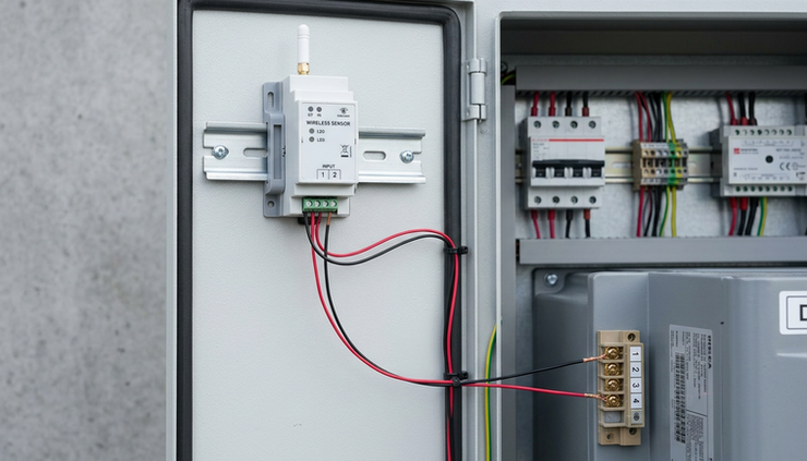 Overhead view of a dry contact sensor wired to simple equipment terminals