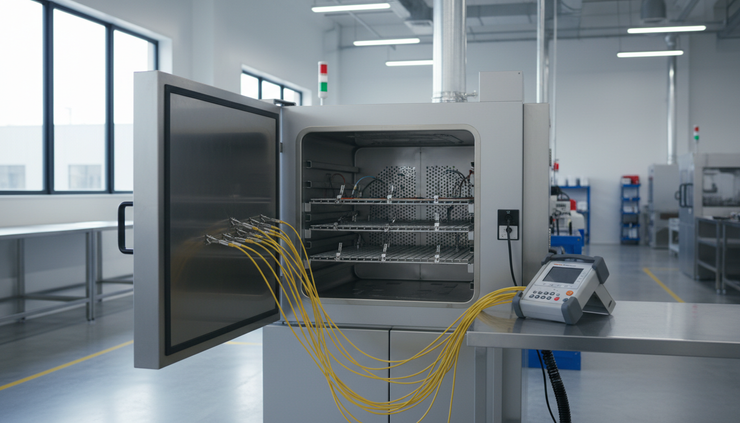 Wide-angle view of an industrial oven with thermocouple probes placed at different shelf positions.