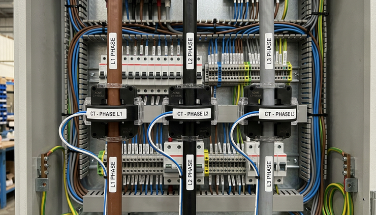 Close-up view of three split-core current transformers clipped around labelled phase conductors.