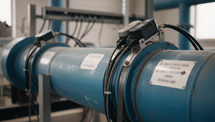 Close-up view of clamp-on ultrasonic transducers fitted to an industrial water pipe