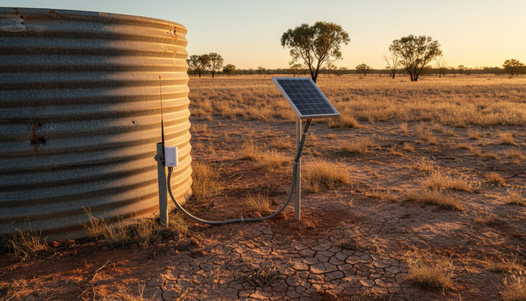 Wide-angle view of a water tank and solar panel on a dry Australian farm