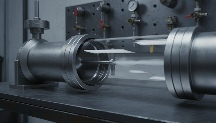 Eye-level view of a vortex shedder bar inside a section of clean steam pipe