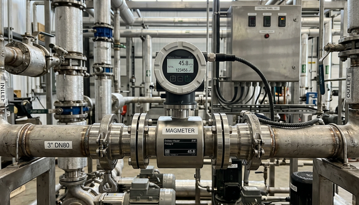 Close-up view of a magnetic flow meter installed in a stainless steel pipe run