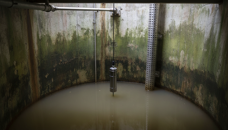 Eye-level view of a submersible level sensor hanging inside a concrete wastewater wet well.
