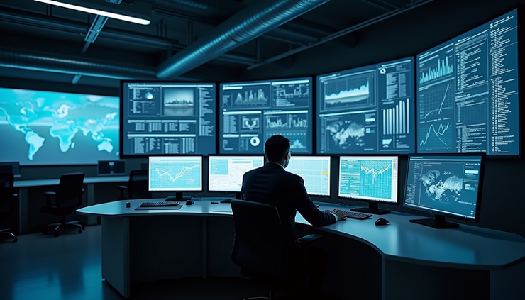 Eye-level view of a modern control room with digital screens showing industrial data