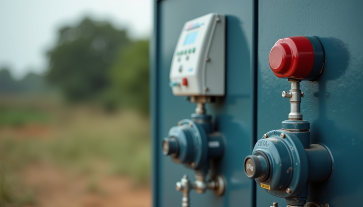 Close-up view of IoT sensors and RTU devices installed at a rural water supply station