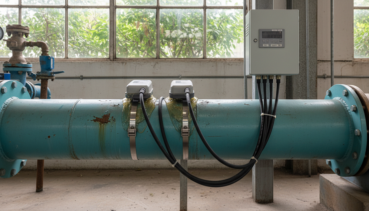 Side view of clamp-on ultrasonic sensors mounted on a large industrial pipe.