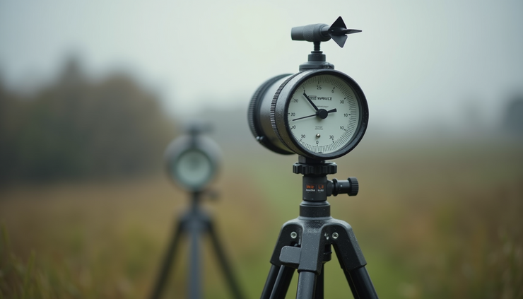 Close-up view of a rain gauge and anemometer mounted on a portable weather station tripod