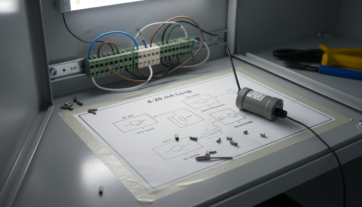 Close-up view of a 4–20 mA loop wiring diagram beside a wireless analogue input sensor