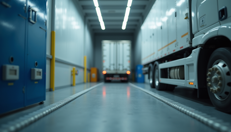 Eye-level view of a refrigerated truck with single-use temperature data loggers visible inside cargo