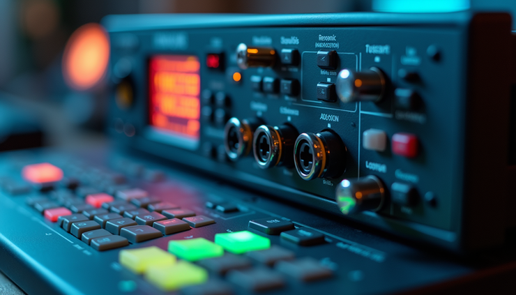 Eye-level view of 6-channel industrial paperless recorder showing bright LCD screen and input ports