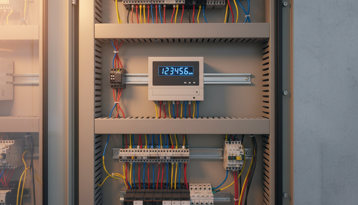 Close-up view of an energy meter display inside an industrial switchboard.