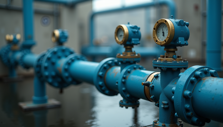High angle view of wastewater treatment plant with electromagnetic flow meters on pipes