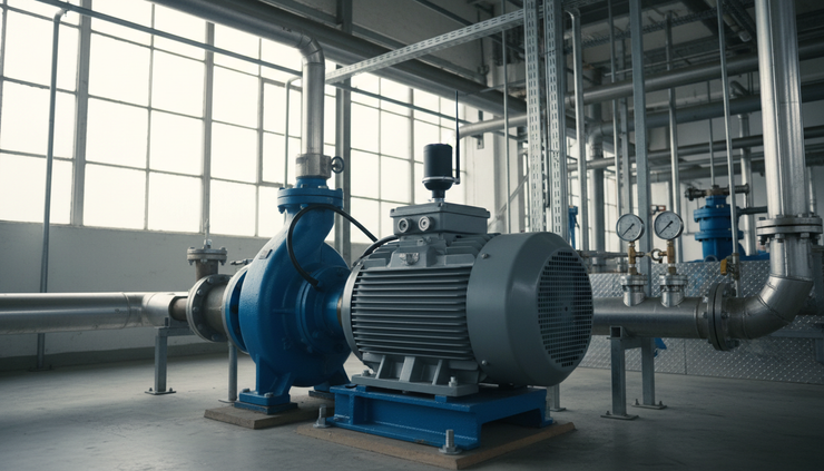 Wide-angle view of an industrial pump and motor set fitted with a wireless vibration sensor