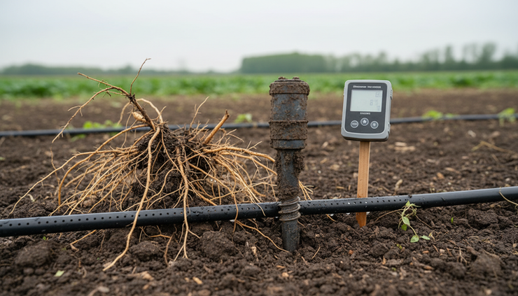 Close-up view of a soil probe inserted near plant roots