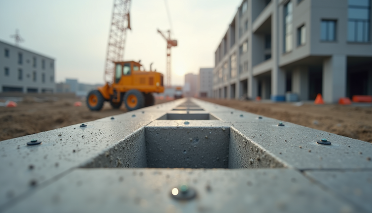 Eye-level view of a construction site with multiple concrete pours monitored by wireless temperature sensors connected to a gateway device