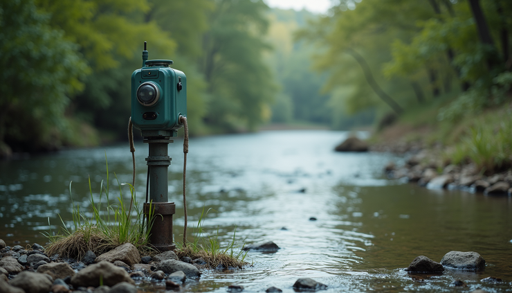 Eye-level view of river monitoring station with sensors and water flow equipment