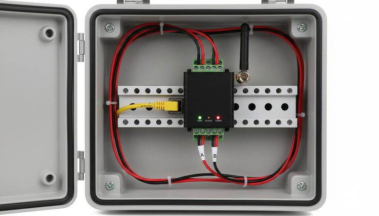 Close-up view of an RS485 gateway connected to Modbus wiring inside a field enclosure.