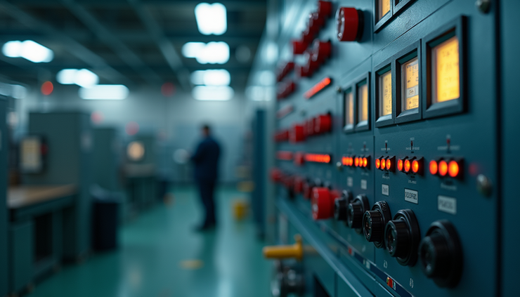 Eye-level view of industrial control panel with connected sensors