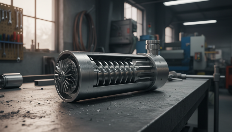 Eye-level view of a cutaway turbine meter showing the rotor inside the pipe