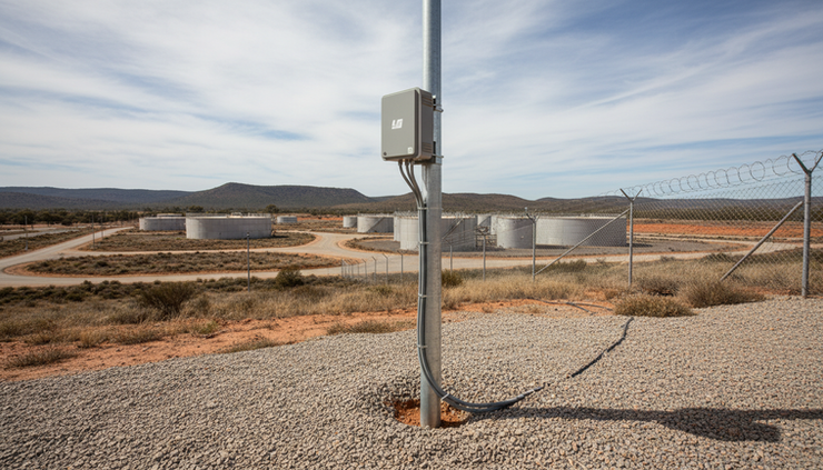 Wide-angle view of a LoRaWAN gateway mounted on a pole above a remote industrial site.