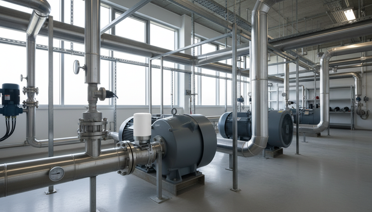 Wide-angle view of a plant room with wireless sensors mounted near mechanical equipment