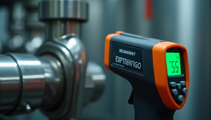 Close-up view of an IR thermometer aimed at a metal pipe surface