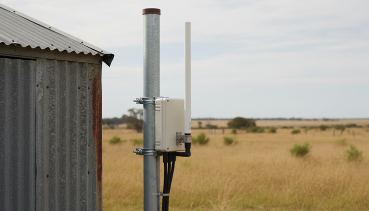 Close-up view of a LoRaWAN gateway mounted on a steel mast beside a rural shed