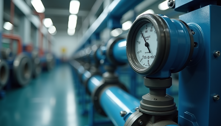 Eye-level view of an industrial electromagnetic flow meter installed on a pipe in a manufacturing plant
