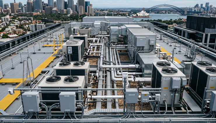 High-angle view of a rooftop mechanical area with connected monitoring equipment