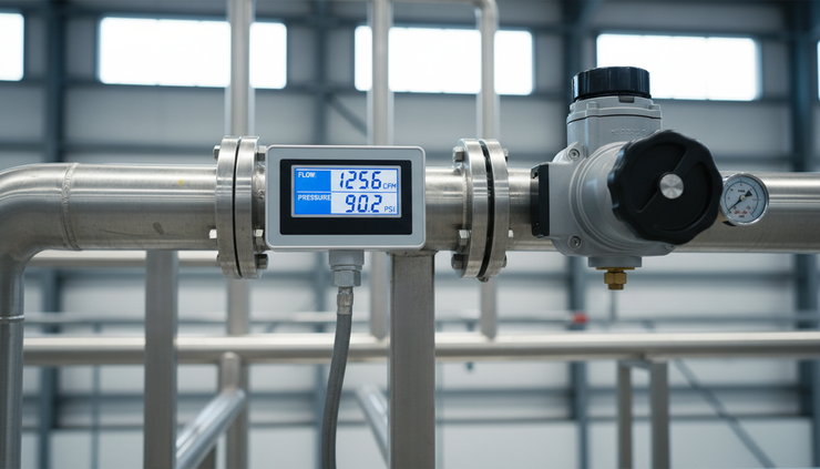 Eye-level view of a digital flow meter display showing standard flow and pressure on a compressed air pipe