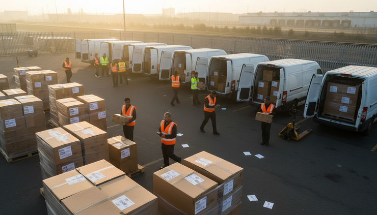 High-angle view of a delivery yard with vans being loaded and workers checking handheld scanners