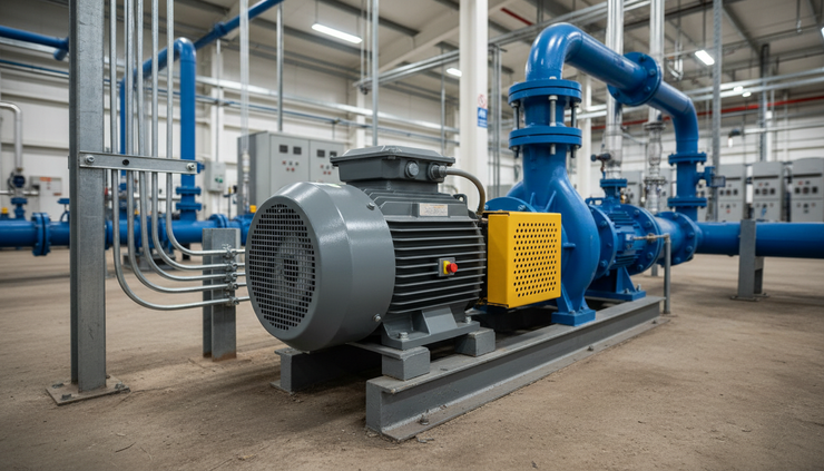 Wide-angle view of a three phase motor coupled to an industrial pump on a concrete floor.