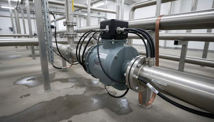 Wide-angle view of a wet industrial pipe area with a flow meter enclosure sealed against moisture