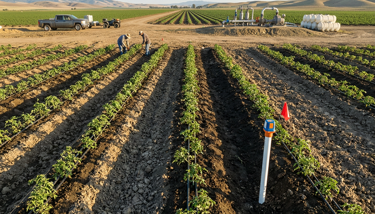 High-angle view of crop rows with visible drip irrigation and dry soil texture.