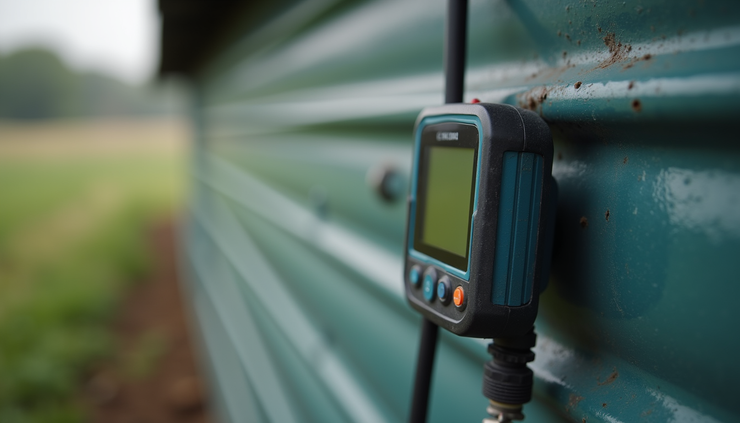 Eye-level view of a smart water tank monitoring device installed on a livestock water tank in a rural farm setting
