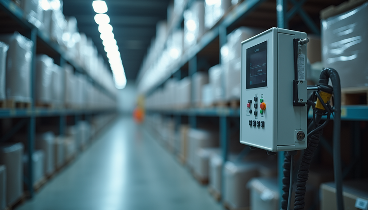 Eye-level view of a multi-use data logger mounted inside a refrigerated warehouse