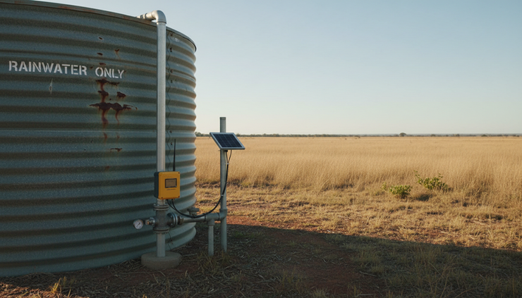 Wide-angle view of a rural water tank with a small sensor mounted near the pipework