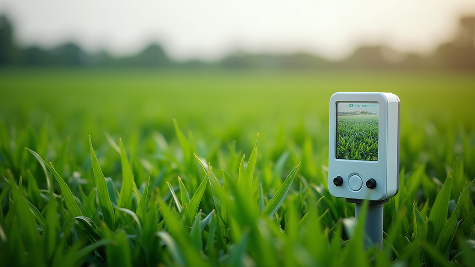Wide angle view of a lush green field with IoT sensors installed
