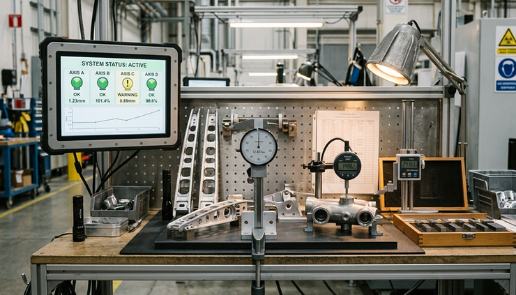 Eye-level view of an inspection station with aerospace components and a digital monitoring display nearby.